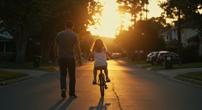 Father walks beside his daughter learning to ride a bicycle on a quiet street during a warm, golden sunset.Á