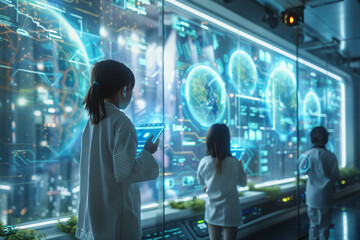 Children interact with holograms and AI robots in a futuristic, green, tech-enhanced smart classroom.