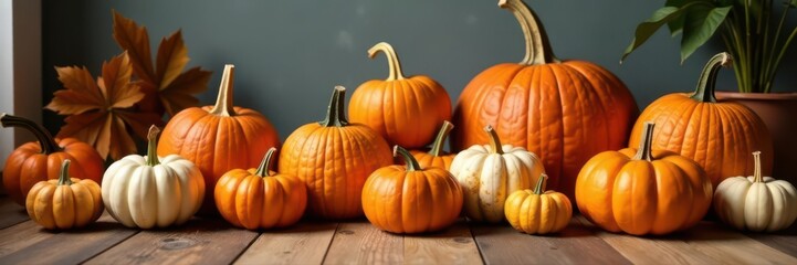 Obraz premium Variety of pumpkins, different shapes & colors, on floor by couch , autumn, harvest, pumpkins