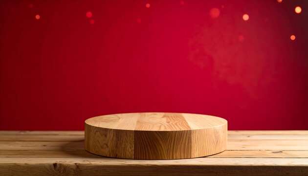 Wooden round platform on a red background