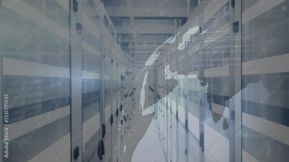 Poster camera dollying server aisle as map overlay emerging with pulsing nodes visualizing network flows
