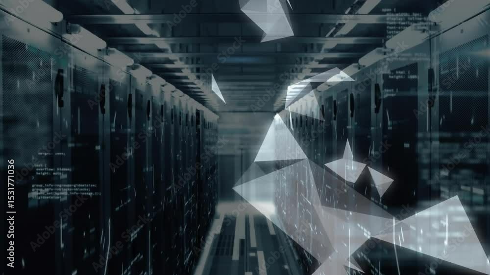 Poster code overlay initiating glowing node shattering into polygons sweeping aisle visualizing data flow