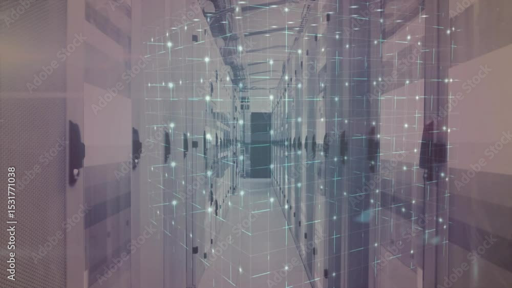 Aufkleber neon-green grid materializing in server aisle, forming 3d lattice and showing data flow then fading