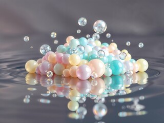 dreamlike abstract image featuring a mound of iridescent, juicy bubbles suspended on a glossy, reflective surface