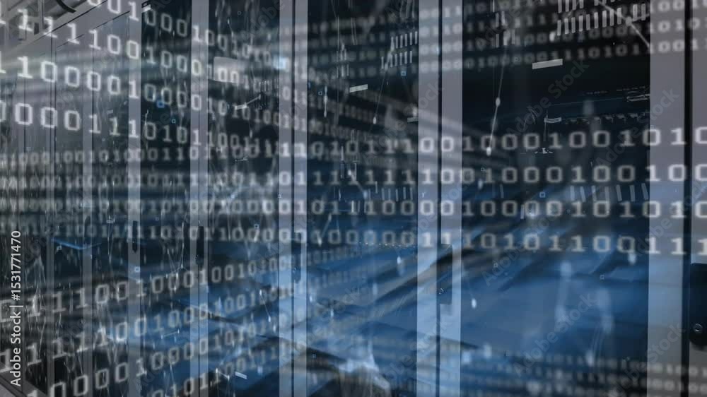 Poster on start, binary code scrolling and pulsing across server racks, showing data processing