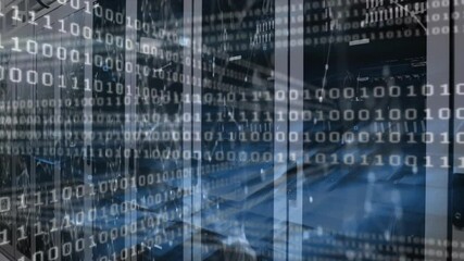 On start, binary code scrolling and pulsing across server racks, showing data processing - Powered by Adobe
