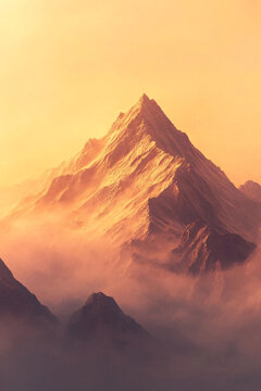 A stunning mountain landscape glows under a warm, orange sky during sunset.