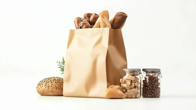 Brown paper bag filled with bread and pastries, studio shot