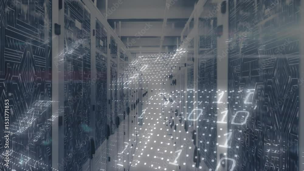 Poster faint glowing grid materializing over server aisle, binary digits drifting to represent data flow