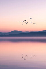 Obraz premium Birds fly over a calm lake during a stunning sunset, creating a peaceful atmosphere.