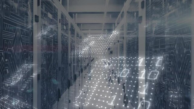 Faint glowing grid materializing over server aisle, binary digits drifting to represent data flow