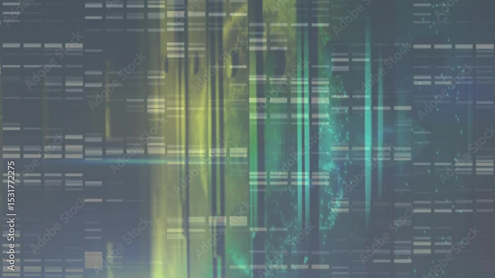 Poster digital grid initializing neon bars glitching as glowing sphere emerging visualizing data flow