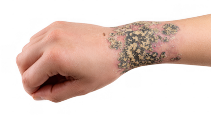 Close up of lichen planus on a wrist, highlighting purplish, itchy raised lesions characteristic of this inflammatory skin condition against a transparent background