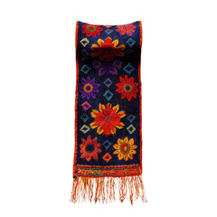 Vibrant Textile with Colorful Floral Patterns and Fringe Detail