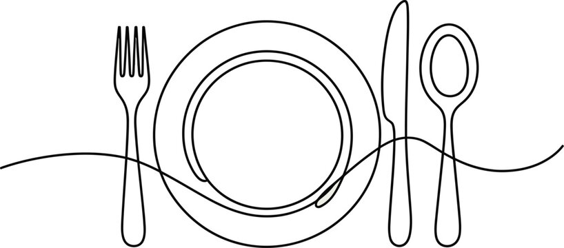 Continuous one line drawing of knife, plate, spoon