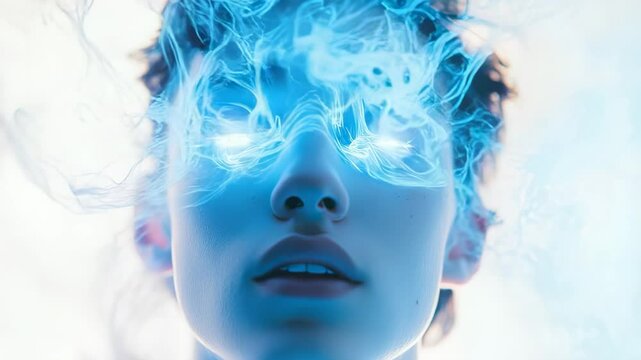 Close-up of a person with glowing eyes and energy effects, futuristic style