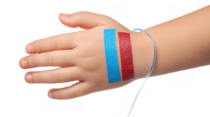 Close up of a child's hand with an intravenous cannula inserted, covered by red and blue medical tape, showcasing a pediatric medical procedure against a transparent background