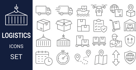 Logistics Icons Set Comprehensive Collection of Delivery, Shipping, and Transportation Line Icons