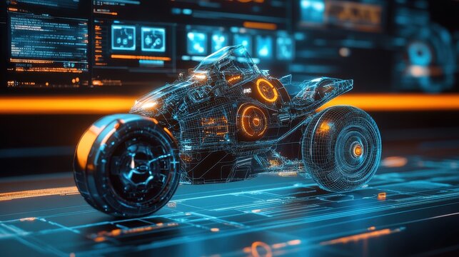 Futuristic motorcycle design displayed on a digital interface.