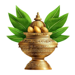 Ornate Golden Bowl with Leaves and Eggs for Cultural Celebrations
