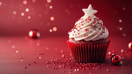 red christmas cupcake with white cream and red sprinkles, with a sugar star om top, in the center of image on red background.