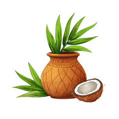 Decorative Pot with Green Leaves and Coconut Shell on White Background
