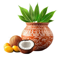 Traditional Clay Pot with Green Leaves and Fresh Fruits on Display