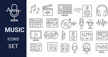 Music Production Icons Studio Equipment, Instruments & Audio Waveforms
