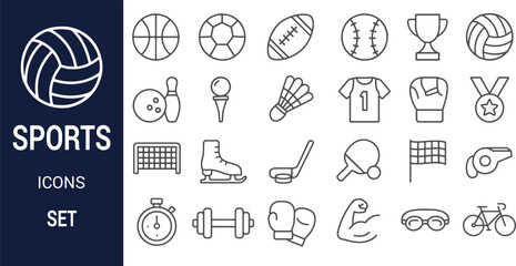 Collection of Line Icons Representing Various Sports and Sporting Equipment
