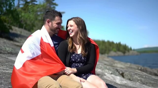 Canadian pride couple laugh, sharing Canada flag outdoors by lake. National holiday celebration,  Independence day event, tourism promotional,  romantic travel adventure,  cultural identity.
