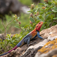 Vibrant Red & Blue Agama Lizard on Rocks: Stunning Wildlife Photography