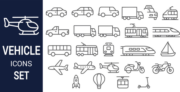 Extensive Collection of Vehicle Icons Cars, Trucks, Airplanes, and More