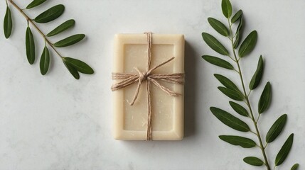 Rectangular Bar Soap with Twine and Greenery on White Background