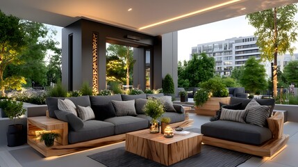 Fototapeta premium Elegant patio seating under ceiling lights high resolution photo