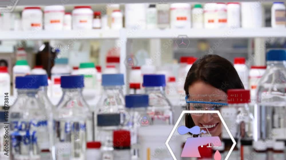 Aufkleber overlay charts updating and guiding female scientist pipetting for lab analysis with hexagon icons