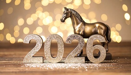 新年2026の数字と干支の白い馬。背景は金色のグリッター。AIで生成	