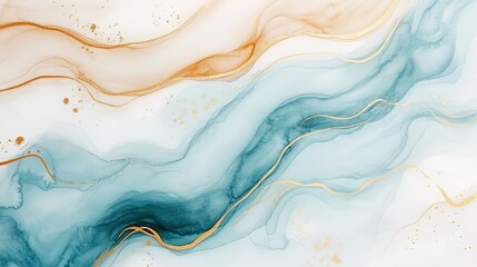 Watercolor abstract pastel beige background with light blue shapes and gold lines, organic minimalist fluid composition featuring soft curves and subtle gradients on white