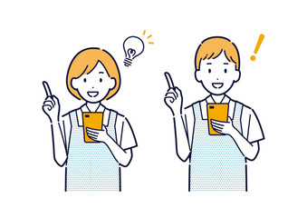 スマホを持って案内をするエプロンを着た男女のイラスト
