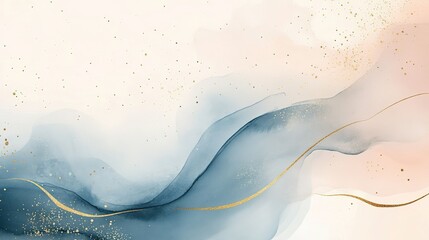 Watercolor abstract pastel beige background with light blue shapes and gold lines, organic minimalist fluid composition featuring soft curves and subtle gradients on white
