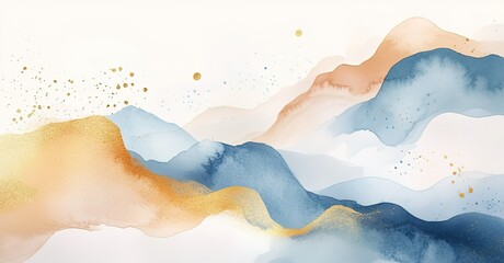 Watercolor abstract pastel beige background with light blue shapes and gold lines, organic minimalist fluid composition featuring soft curves and subtle gradients on white