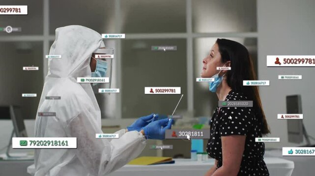 Healthcare provider lowering mask, inserting nasal swab collecting sample, ID overlays tagging data