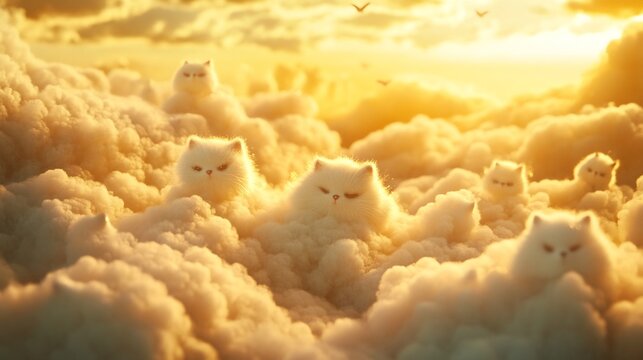 Charming fantasy world where fluffy clouds take the form of magical creatures bathed in a warm golden twilight
