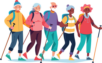 Obraz premium Diverse group of senior hikers enjoying outdoor adventure together in nature