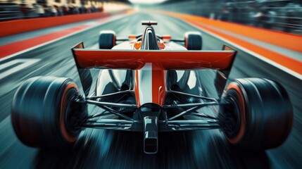 Naklejka premium close up, Formula One race car, coming towards us, racing, clear front view, tail end slightly blurred, detailed, vibrant colors, black, red, orange, white, dynamic composition