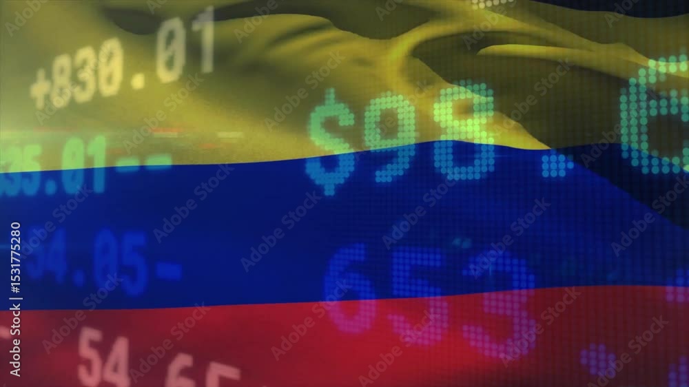 Poster waving colombian flag initiating values sliding and fading across stripes representing market data