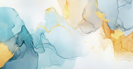 Watercolor abstract pastel beige background with light blue shapes and gold lines, organic minimalist fluid composition featuring soft curves and subtle gradients on white