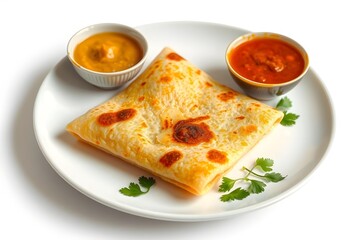 Delicious Indian Breakfast Paratha with Colorful Chutneys in a white plate top down view