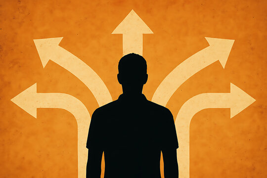 Man standing at crossroads making decision choosing direction arrows concept vector illustration image