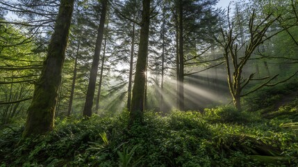 Obraz premium Sunbeams illuminate a lush green forest