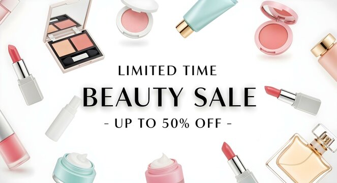 Beauty sale promotional layout featuring various cosmetics and products